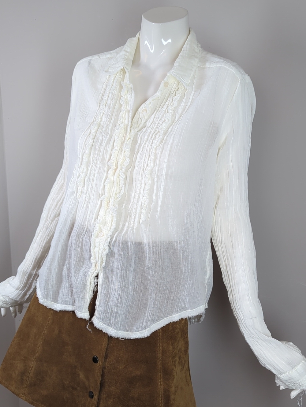 Free People Classic Women's White Ruffle Button-Front Blouse Sheer Cotton